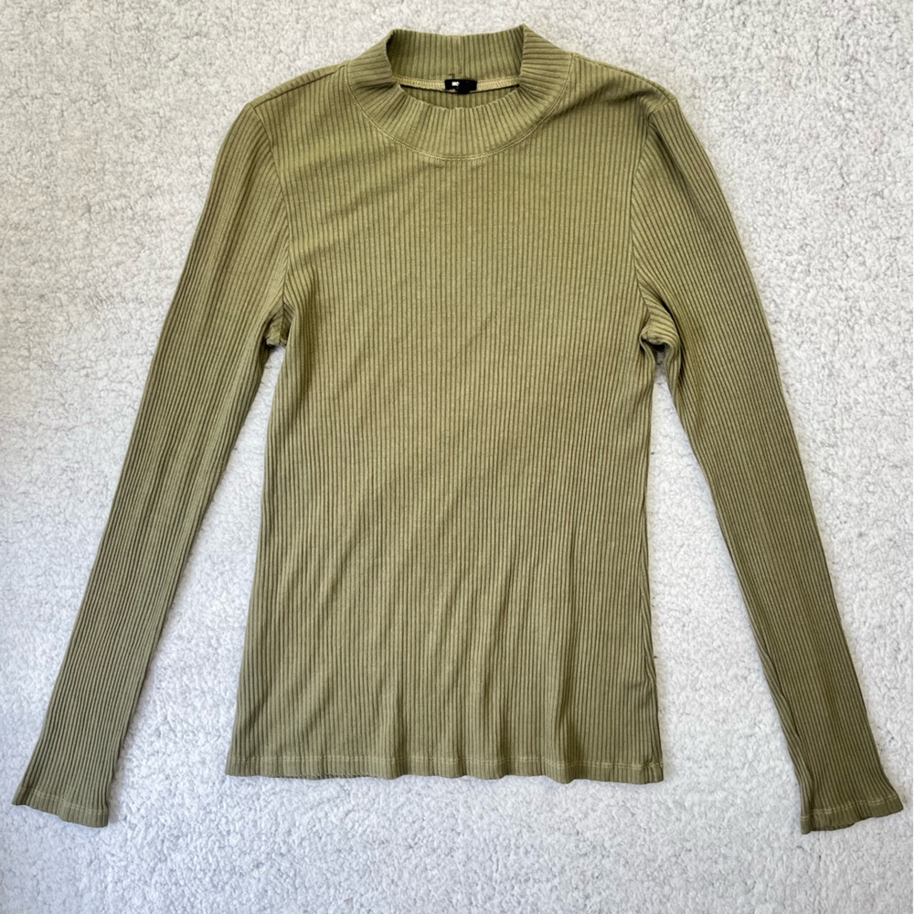 Women's Monrow Green Rib-Knit Mock Neck Long Sleeve Top Size L